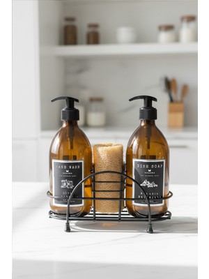 Özbience Şık Siyah Metal Standlı 2'li Amber Cam Sabunluk Seti, 500 ml