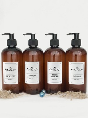 Özbience 4'lü Banyo Şişe Seti, Amber Cam Görünüm, 500 Ml, Şampuan, Duş Jeli, Saç Kremi