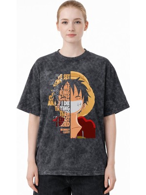 Sevbano Monkey D. Luffy One Piece Anime Baskılı Unisex Oversize Eskitme Yıkamalı Tişört
