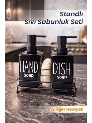 Özbience 2'li Kare Sıvı Sabunluk Seti, Metal Standlı, Mutfak Düzenleyici