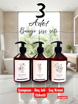 Özbience Amber Cam Görünümlü Plastik Sabunluk ve Şişe Seti, 3’lü, 500 ml