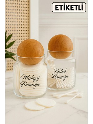 Özbience Büyük Boy Cam Pamukluk 2’li, Ahşap Top Kapaklı, 500 Ml, Etiket Hediyeli