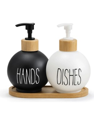 Özbience Modern Bambu Standlı 2’li Cam Sabunluk Seti, 500 ml Sıvı Sabunluk Takımı