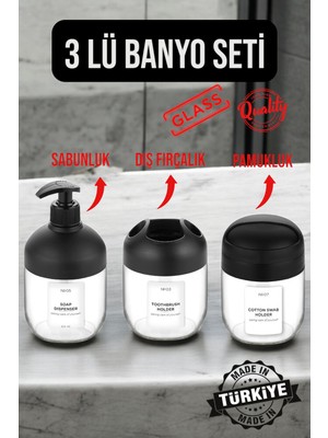 Özbience Modern 3'lü Banyo Seti Cam Altlı, Şık Sabunluk, Diş Fırçalık ve Pamukluk