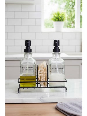 Özbience Ikili Kare Cam Sabunluk Seti, Siyah ve Beyaz Metal Standlı, Şık Tasarım