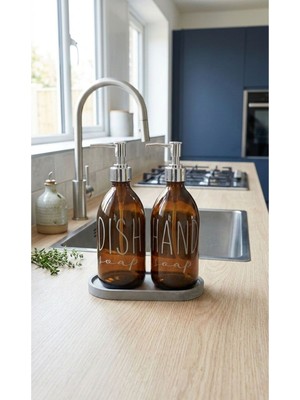 Özbience Taş Stantlı Gümüş Başlık 2'li Amber Cam Sıvı Sabun Şişesi Seti