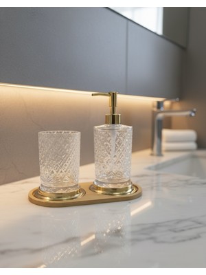 Özbience 2'li Kristal Sabunluk Set, Bambu Altlıklı, Diş Fırçalık ve Sıvı Sabunluk