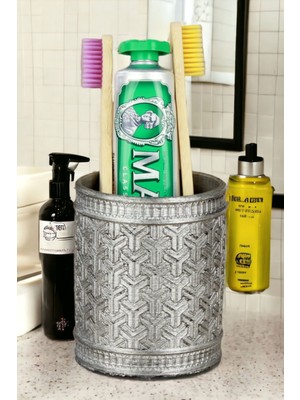 Özbience Gümüş Eskitme Renkli Diş Fırçası Kabı ve Fırçalık Seti