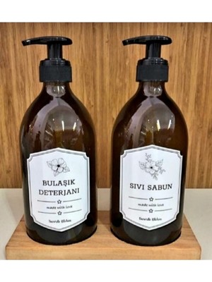 Özbience Şık Ahşap Standlı Sıvı ve Bulaşık Sabunluk Seti Cam Amber