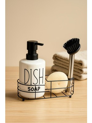 Özbience Beyaz Seramik Metal Stantlı Süngerli Fırçalı Tezgah Üstü Sıvı Sabunluk 500 ml