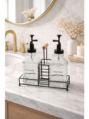 Özbience Şık Metal Stantlı 2’li Cam Sıvı Sabunluk ve Deterjanlık Seti