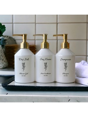 Özbience Beyaz Plastik Şişe 3'lü Banyo Seti, 500 Ml, Gold Kapaklı