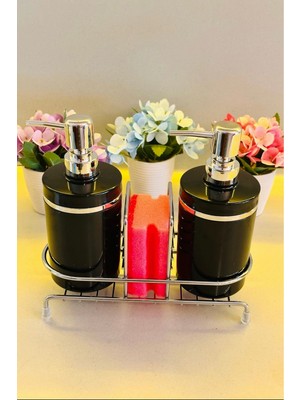 Özbience Şık Gümüş Detaylı 2'li Sıvı Sabunluk ve Süngerlik Seti