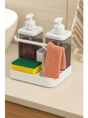 Özbience Ikili Sıvı Sabunluk ve Deterjanlık Seti, Sünger ve Bez Hazneleriyle