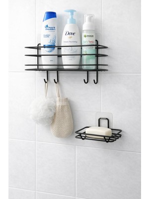 Özbience Pratik Banyo Seti, Metal Askı ve Siyah Sabunluk Organizer Düzenleyici