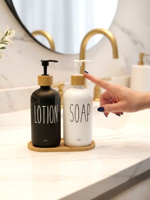 Özbience Iki Parça Siyah Beyaz Cam Sıvı Sabunluk Seti, Mutfak ve Banyo Organizasyonu