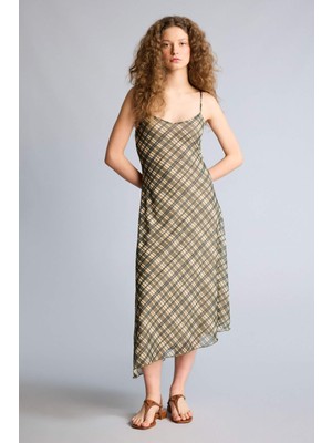 DeFacto V Yaka Kareli Tül Askılı Midi Elbise F7971AX26SP