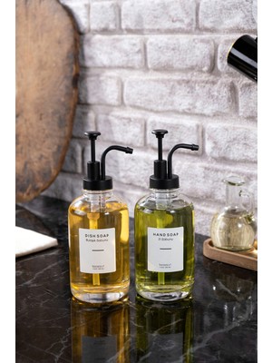Özbience 2'li 500 ml Cam Sıvı Sabunluk Seti Mutfak Tezgah Üstü 6'lı