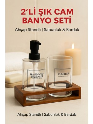 Özbience 2'li Cam Ahşap Standlı Banyo Seti, Sabunluk ve Bardak, 430 ml