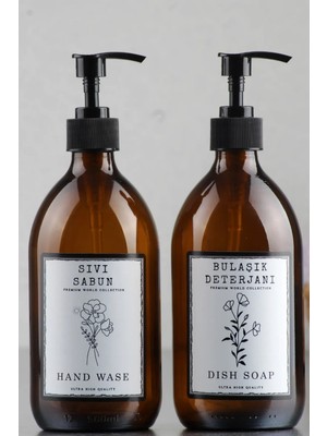 Özbience Amber Renk 2'li Sıvı Sabun ve Bulaşık Şişesi, 500 Ml, Cam Şişe