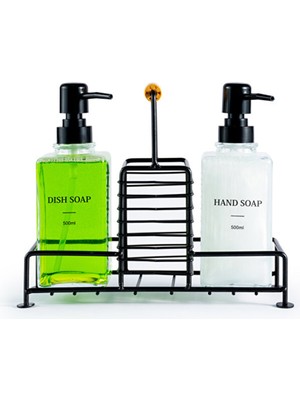 Özbience 2’li Metal Standlı Cam Sıvı Sabun ve Sabunluk 500 ml Siyah