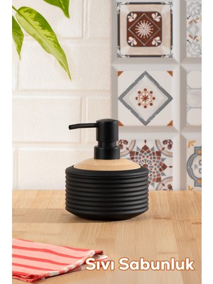 Özbience Şişe Tasarımlı 350ML Siyah-Ahşap Sıvı Sabunluk, Şık ve Kullanışlı