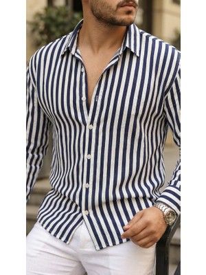 paris store Erkek Dikey Çizgili Yarım Oversize Gömlek
