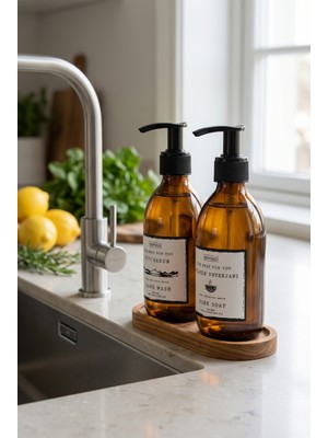 Özbience Ahşap Stantlı 2'li Sıvı Sabun Bulaşık Deterjanı Cam Şişe