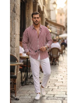 paris store Erkek Dikey Çizgili Yarım Oversize Gömlek