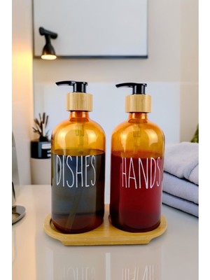 Özbience 2’li Ahşap Standlı Cam Sabun ve Deterjan Şişesi Amber 500 ml