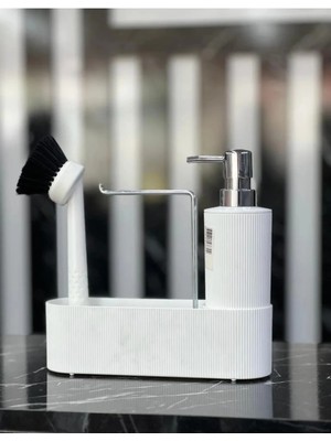 Özbience 3'lü Krom Kapaklı Beyaz Deterjanlık ve Temizlik Seti