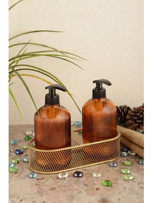 Özbience Deniz Temalı Cam Sıvı Sabunluk Takımı, Metal Altın Detaylı, Şık ve Modern