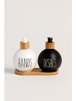 Özbience Şık 2'li Cam Sıvı Sabunluk Takımı Bambu Destekli Oval Tasarım