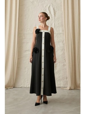 Hiccup Kadın Janes Kare Yakalı ve Düğmeli Midi Elbise Siyah