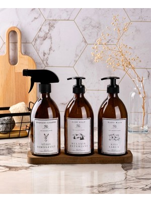 Özbience 3’lü Ahşap Standlı Cam Sıvı Sabunluk Seti, 500 Ml, Temiz ve Şık Tasarım