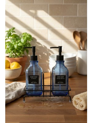 Özbience Modern Çizgili Cam Sabunluk ve Deterjanlık Seti, Mavi, 500 ml