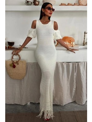 Hiccup Kadın Janes Omuzları Açık Midi Elbise, Püskül Detaylı Fildişi Doğal