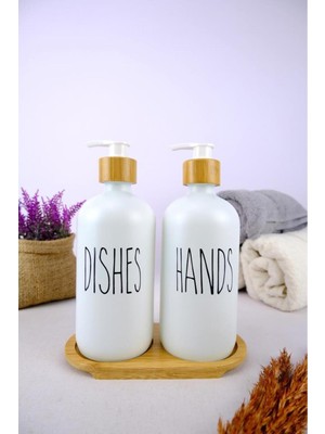 Özbience 2'li Ahşap Standlı Cam Sıvı Sabun ve Deterjan Şişesi Beyaz 500 ml