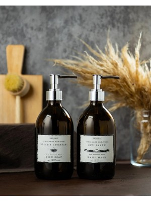 Özbience 2'li Cam Ahşap Standlı Amber Sıvı Sabunluk ve Deterjan Şişesi 300CC