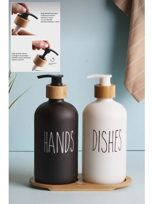 Özbience Bambu Altlıklı Siyah Beyaz Cam Sıvı Sabunluk Çiftli Set