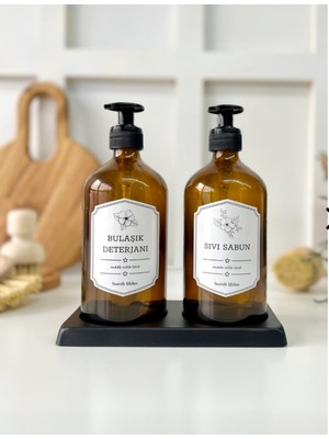 Özbience Siyah Metal Standlı 2'li Amber Cam 500 ml Sıvı Sabun Bulaşık Seti