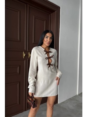 Hiccup Kadın Janes U Yakalı Kravat Detaylı Mini Elbise Natural