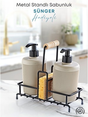 Özbience Metal Standlı Bej Mutfak Deterjanı ve Sıvı Sabunluk Seti, Sünger Hediye