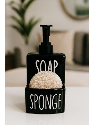 Özbience Lüks Seramik Sıvı Sabunluk Süngerli Takım, Mutfak ve Banyo Için 500 ml