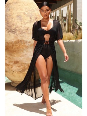 Kadınlar İçin Angelsin Siyah Tül Pareo Plaj Elbisesi XL Beden Rahat ve Şık Tasarım