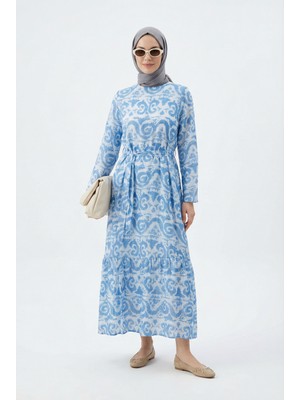 Armine Trend Kendinden Desenli Beli Kuşaklı Elbise Mavi 25YT963