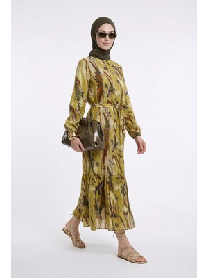 Armine Trend Kendinden Desenli Beli Kuşaklı Elbise Yağ Yeşili 25YT963