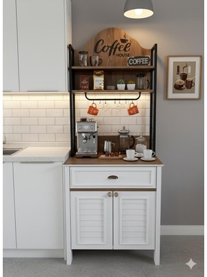 Dodef Wood Çok Amaçlı Kahve Köşesi ve Erzak Dolabı – Beyaz/sepet Ceviz 80X210