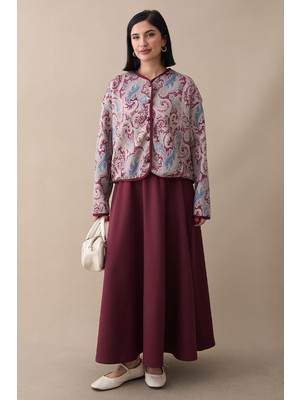 inStyle Şal Desen Ceket Etek Bordo Takım