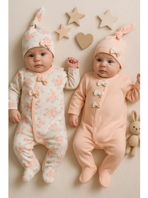 Narnuga Fiyonklu Çiçek Desenli Kız Bebek 4'lü Tulum Seti %100 Pamuk